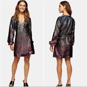 TOPSHOP Ombré Sequin Long Sleeve Wrap Minidress 2P